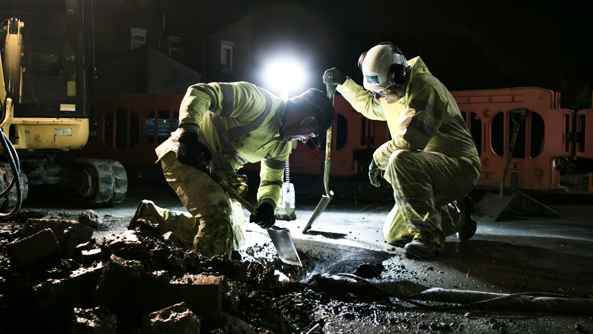Nighttime utility workers repairing water infrastructure under bright work lights