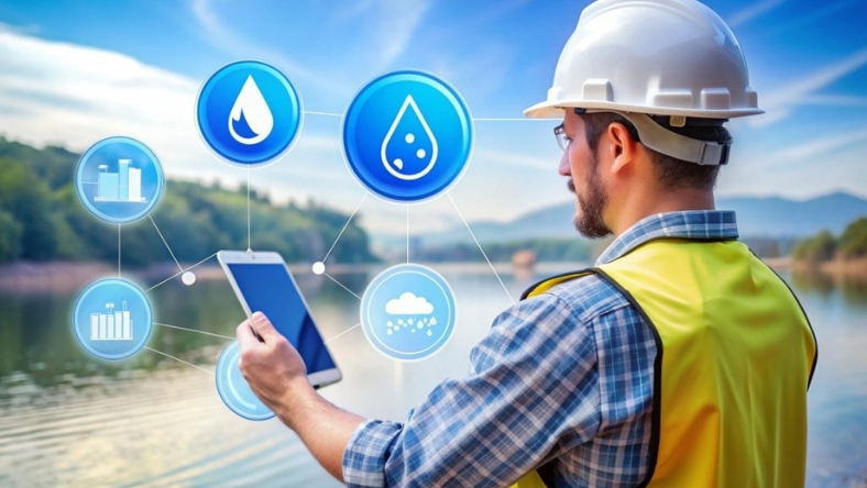 Engineer in safety helmet using tablet by a river with digital water monitoring icons