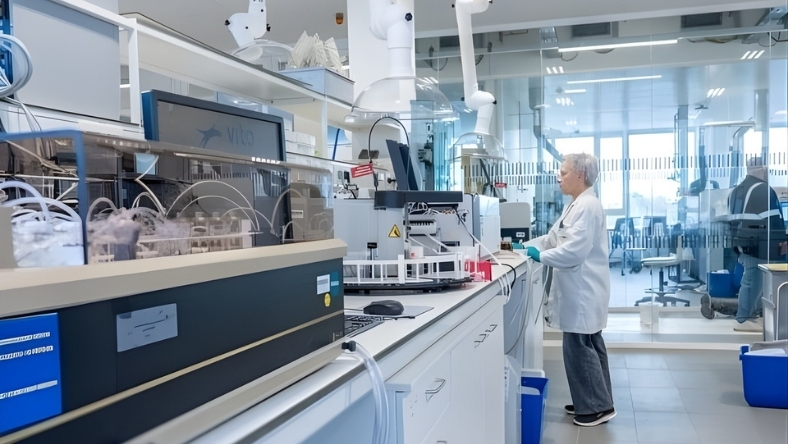 Technician working with laboratory equipment in a modern water research facility