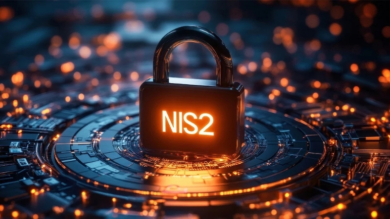 Cybersecurity padlock with NIS2 text on digital network background