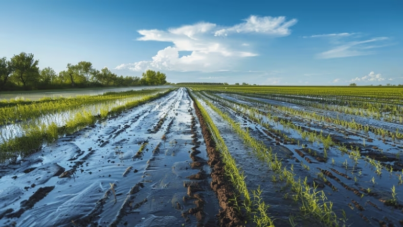 Irrigated agricultural field with water flowing between crop rows